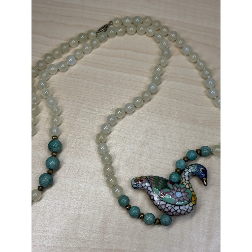VTG Chinese jade? Cloisonne Brass Enamel Goodluck Goose Bird‎ Pendant Necklace - Picture 5 of 16